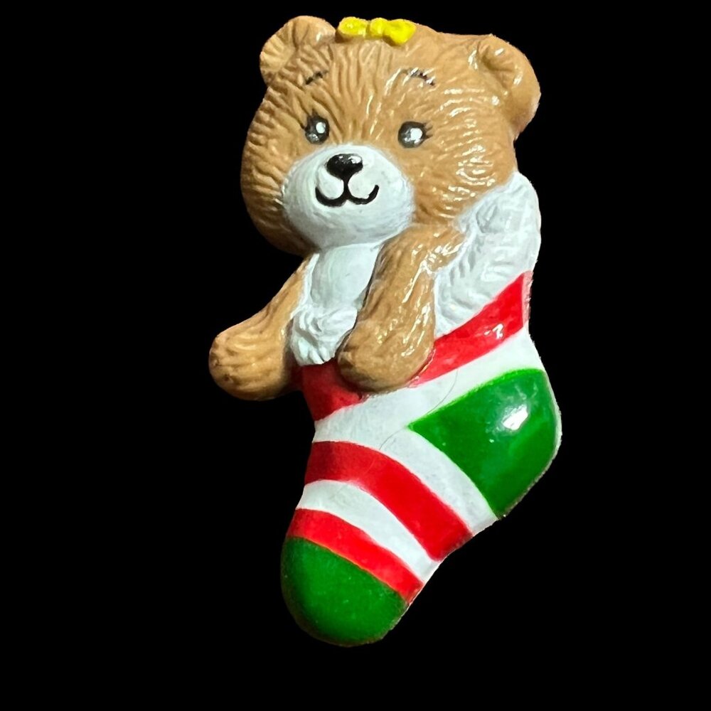 Russ Teddy Bear Brooch Stocking Sock Vintage Christmas Pin Vintage 1980s